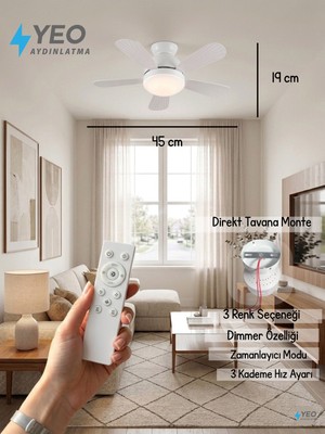 Yeo Aydınlatma Sessiz Tavan Vantilatörlü Avize - 3 Renk LED Aydınlatmalı, Kumandalı, Zamanlayıcılı Modern Mutfak ve Yatak Odası Fanı - 45 cm