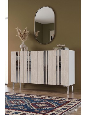 Yumedi Design KA1230BTS - Sofia Konsol, Tv Sehpası, Çok Amaçlı Dolap ve Kahve Köşesi 120CM Beyaz-Traverten-Silver
