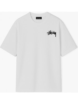 The Rule Unisex Stüssy Ön Baskılı Oversize %100 Pamuk Geniş Kesim Dokulu Bisiklet Yaka Gri Tişört RF0520