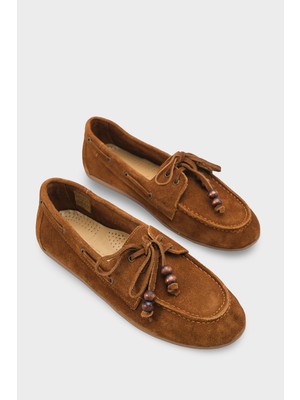 Capone Outfitters Vicki Hakiki Deri Süet Bağcıklı Boncuklu Konfor Kadın Loafer Tekne Ayakkabısı
