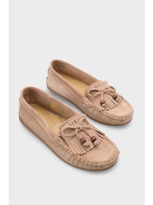 Capone Outfitters Almire Hakiki Deri Süet Boncuklu Püsküllü Konfor Kadın Loafer Ayakkabı
