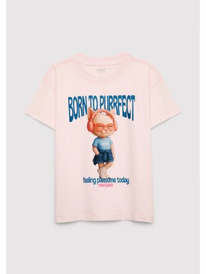 Mavi Kedi Baskılı Pembe Tişört 7610466-91487