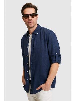 U.S. Polo Assn. Erkek Lacivert Uzun Kollu Keten Gömlek 50319065-VR033
