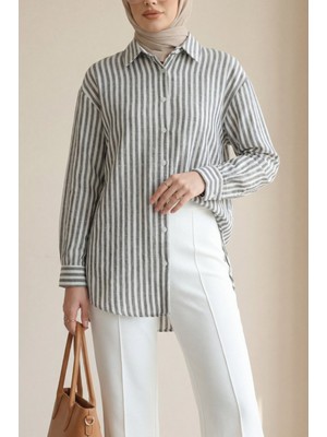 Moda Morfo Boydan Düğmeli Çizgili Keten Gömlek -Siyah