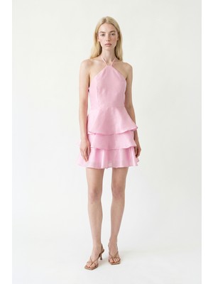 Quzu Ince Askılı Kat Kat Volanlı Mini Elbise Pembe
