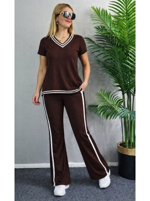 Gökyüzü Moda Kadın Kısa Kollu V Yakalı Viskon Iki Iplik Bluz ve Pantolon Ikili Takım