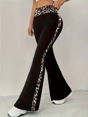 Runique Home Runiquehome Kadın Yüksel Bel Leopar Desen Detaylı Ispanyol Paçalı Dalgıç Pantolon