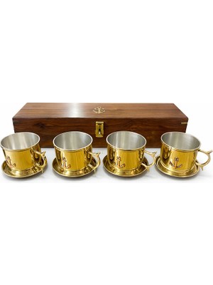 Vintessy 38X10 cm Ahşap Kutulu 4'lü Pirinç Fincan Seti