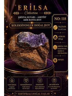 Erilsa Sertifikalı Kristal Kuvars Ametist Akik Bantlı Jeot Koleksiyonluk Doğal Taş Dekoratif Obje NO118
