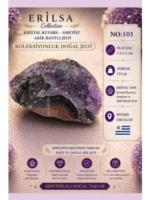 Erilsa Sertifikalı Kristal Kuvars Ametist Akik Bantlı Jeot Doğal Taş Koleksiyonluk 7.5x5 cm 116 gr NO101