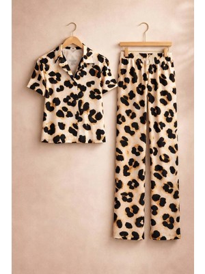 Rukod Kahverengi Leopar Desenli Milan Gömlek Yaka Pijama Takımı