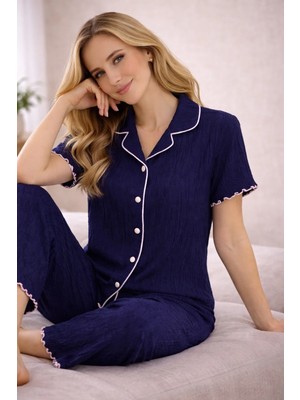 Rukod Kadın Lacivert Viskon Gömlek Yaka Düğmeli Ara Biye Detaylı Pijama Lohusa Çeyiz Takımı