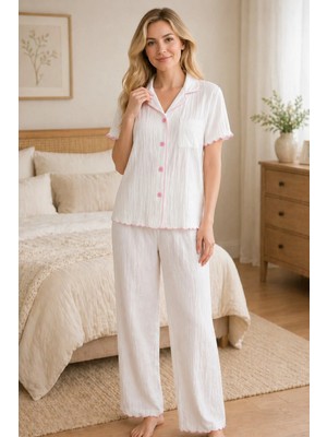 Rukod Kadın Beyaz Cepli Viskon Gömlek Yaka Düğmeli Ara Biye Detaylı Pijama Lohusa Çeyiz Takımı
