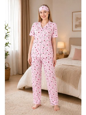 Rukod Kadın Pembe Tavşan ve Çilek Desenli Biyeli Likralı Yumuşak Kısa Kollu Gömlek Yaka Pijama Takımı