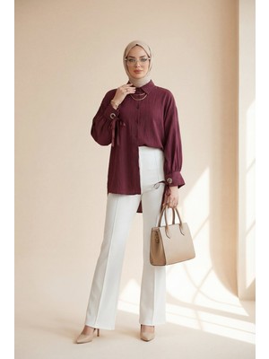 Moda Morfo Kolu Bağcıklı Çizgi Desen Çilek Gömlek -Bordo