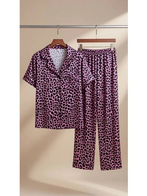 Rukod Pembe Leopar Desenli Milan Gömlek Yaka Pijama Takımı