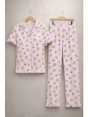 Rukod Ayıcık Desenli Fırfırlı Detaylı Bürümcük Kısa Kol Pijama Takımı