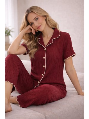 Rukod Kadın Bordo Viskon Gömlek Yaka Düğmeli Ara Biye Detaylı Pijama Lohusa Çeyiz Takımı