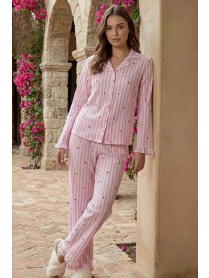 Rukod Pembe Beyaz Çizgili Yazlık Premium Crystal Kumaş Uzun Kol Gömlek Yaka Pijama Takımı