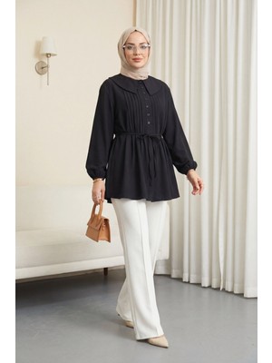 Moda Morfo Bebe Yaka Önü Katlama Detaylı Kolu Lastikli Çilek Gömlek -Siyah