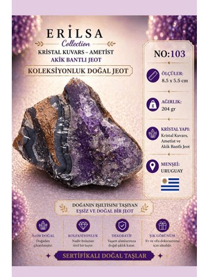 Erilsa Sertifikalı Kristal Kuvars Ametist Akik Bantlı Jeot Doğal Taş Koleksiyonluk 8.5x5.5 cm 204 gr NO103