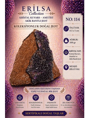 Erilsa Sertifikalı Kristal Kuvars Ametist Akik Bantlı Jeot Koleksiyonluk Doğal Taş Dekoratif Obje NO114