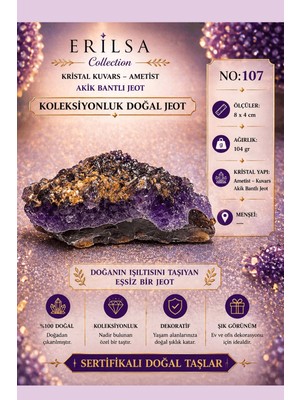 Erilsa Sertifikalı Kristal Kuvars Ametist Akik Bantlı Jeot Doğal Taş Koleksiyonluk 8x4 cm 104 gr NO107
