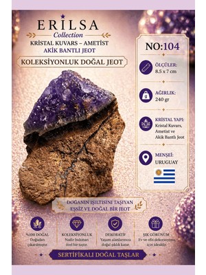Erilsa Sertifikalı Kristal Kuvars Ametist Akik Bantlı Jeot Doğal Taş Koleksiyonluk 8.5x7 cm 240 gr NO104