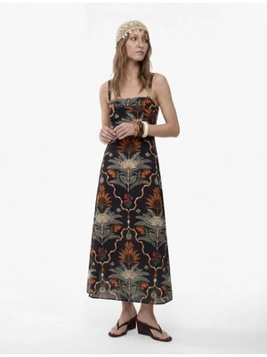 Koton  Floral Etnik Desenli Siyah Kadın Elbise 6SAK80102EW