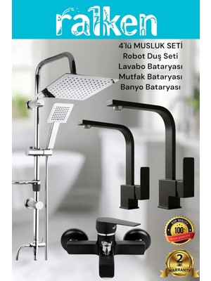 Ralken 4’lü Batarya Seti Siyah Pirinç Kare Banyo Lavabo Mutfak Eviye Musluğu Dubai Yağmurlama Duş Sistemi Komple Set