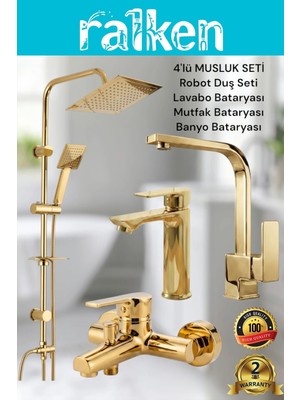 Ralken 4’lü Batarya Seti Gold Altın Pirinç Banyo Sabit Lavabo Kare Mutfak Eviye Musluğu Yağmurlama Duş Sistemi Komple Set
