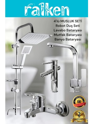 Ralken 4’lü Batarya Seti Krom Pirinç Banyo Bambu Lavabo Mutfak Eviye Musluğu Dubai Yağmurlama Duş Sistemi Komple Set