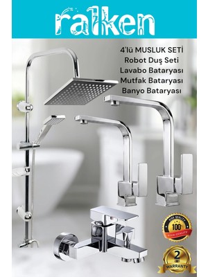 Ralken 4’lü Batarya Seti Krom Pirinç Kare Banyo Kare Lavabo Kare Mutfak Eviye Musluğu Yağmurlama Duş Sistemi Komple Set