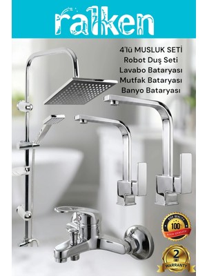 Ralken 4’lü Batarya Seti Krom Pirinç Banyo Kare Lavabo Mutfak Eviye Musluğu Yağmurlama Duş Sistemi Komple Set