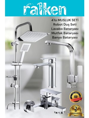 Ralken 4’lü Batarya Seti Krom Pirinç Kare Banyo Sabit Lavabo Mutfak Eviye Musluğu Yağmurlama Duş Sistemi Komple Set