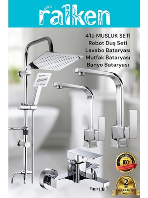 Ralken 4’lü Batarya Seti Krom Pirinç Kare Banyo Lavabo Mutfak Eviye Musluğu Yağmurlama Dubai Duş Sistemi Komple Set