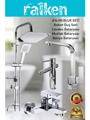 Ralken 4’lü Batarya Seti Krom Pirinç Kare Banyo Bambu Lavabo Mutfak Eviye Musluğu Yağmurlama Duş Sistemi Komple Set