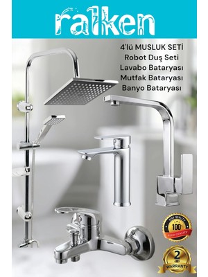 Ralken 4’lü Batarya Seti Krom Pirinç Banyo Sabit Lavabo Mutfak Eviye Musluğu Yağmurlama Duş Sistemi Komple Set