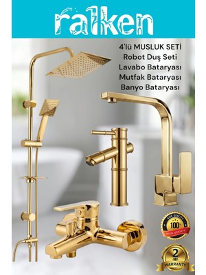 Ralken 4’lü Batarya Seti Gold Altın Pirinç Banyo Bambu Lavabo Kare Mutfak Eviye Musluğu Yağmurlama Duş Sistemi Komple Set
