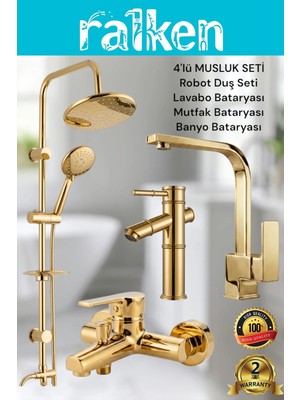 Ralken 4’lü Batarya Seti Gold Altın Pirinç Banyo Bambu Lavabo Kare Mutfak Eviye Musluğu Yuvarlak Yağmurlama Duş Sistemi Komple Set