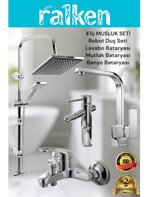 Ralken 4’lü Batarya Seti Krom Pirinç Kare Banyo Sabit Lavabo Mutfak Eviye Musluğu Yağmurlama Duş Sistemi Komple Set