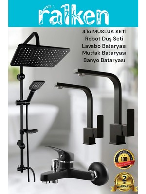 Ralken 4’lü Batarya Seti Siyah Pirinç Banyo Lavabo Kare Mutfak Eviye Musluğu Dubai Yağmurlama Duş Sistemi Komple Set