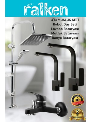 Ralken 4’lü Batarya Seti Siyah Pirinç Banyo Lavabo Kare Mutfak Eviye Musluğu Yağmurlama Duş Sistemi Komple Set