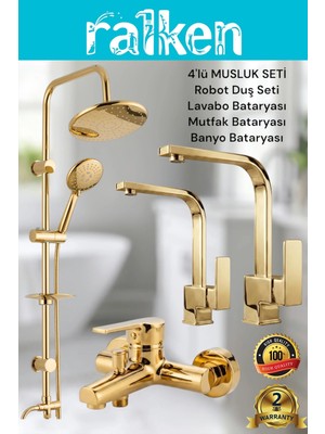 Ralken 4’lü Batarya Seti Gold Altın Pirinç Banyo Lavabo Kare Mutfak Eviye Musluğu Yuvarlak Yağmurlama Duş Sistemi Komple Set