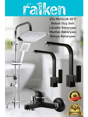 Ralken 4’lü Batarya Seti Siyah Pirinç Banyo Lavabo Kare Mutfak Eviye Musluğu Dubai Yağmurlama Duş Sistemi Komple Set