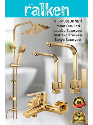 Ralken 4’lü Batarya Seti Gold Altın Pirinç Banyo Lavabo Kare Mutfak Eviye Musluğu Yağmurlama Duş Sistemi Komple Set