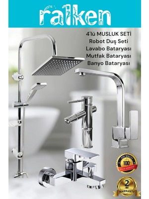 Ralken 4’lü Batarya Seti Krom Pirinç Kare Banyo Bambu Lavabo Mutfak Eviye Musluğu Yağmurlama Duş Sistemi Komple Set