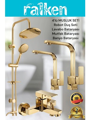 Ralken 4’lü Batarya Seti Gold Altın Pirinç Kare Banyo Lavabo Mutfak Eviye Musluğu Yuvarlak Yağmurlama Duş Sistemi Komple Set