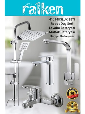 Ralken 4’lü Batarya Seti Krom Pirinç Banyo Sabit Lavabo Kare Mutfak Eviye Musluğu Dubai Yağmurlama Duş Sistemi Komple Set