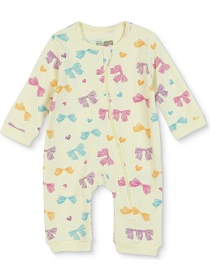 Hellobaby Kız Bebek Tulum Çiçek Baskılı Fermuarlı Bisiklet Yaka Long Sleeve Ribanalı